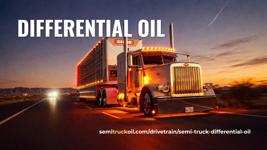 Semi truck driving at sunset with illuminated trailer, representing semi truck differential oil used to lubricate class 8 truck gear systems