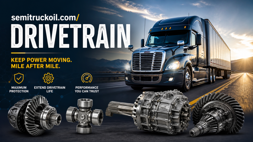 Semi truck driving on open highway at sunset with drivetrain components (gears, differential, transmission) in foreground, representing heavy-duty drivetrain performance and protection.
