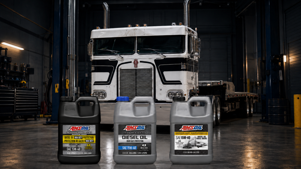 AMSOIL vs Shell Rotella T6 comparison featuring three AMSOIL 15W-40 diesel oils with a Class 8 cabover truck.